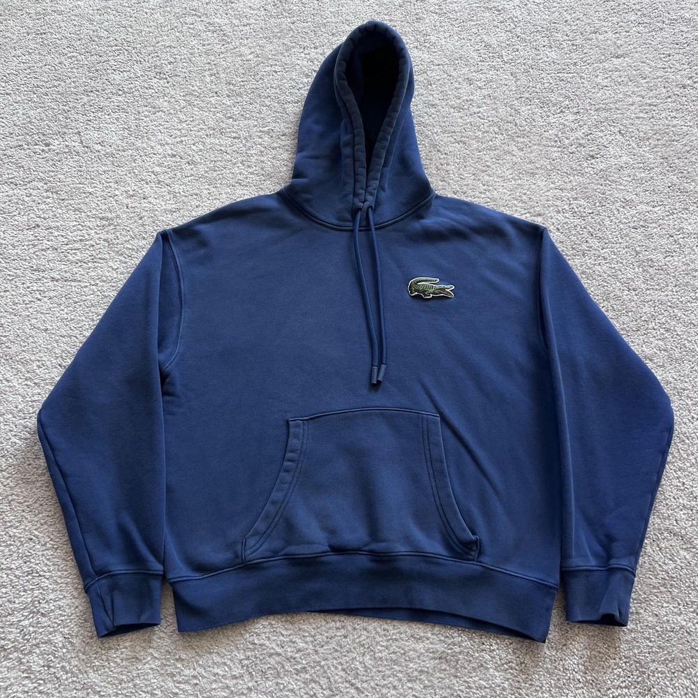 Lacoste Loose Fit Croc Logo Hoodie Unisex Medium Blue Fleece Pullover Sweatshirt